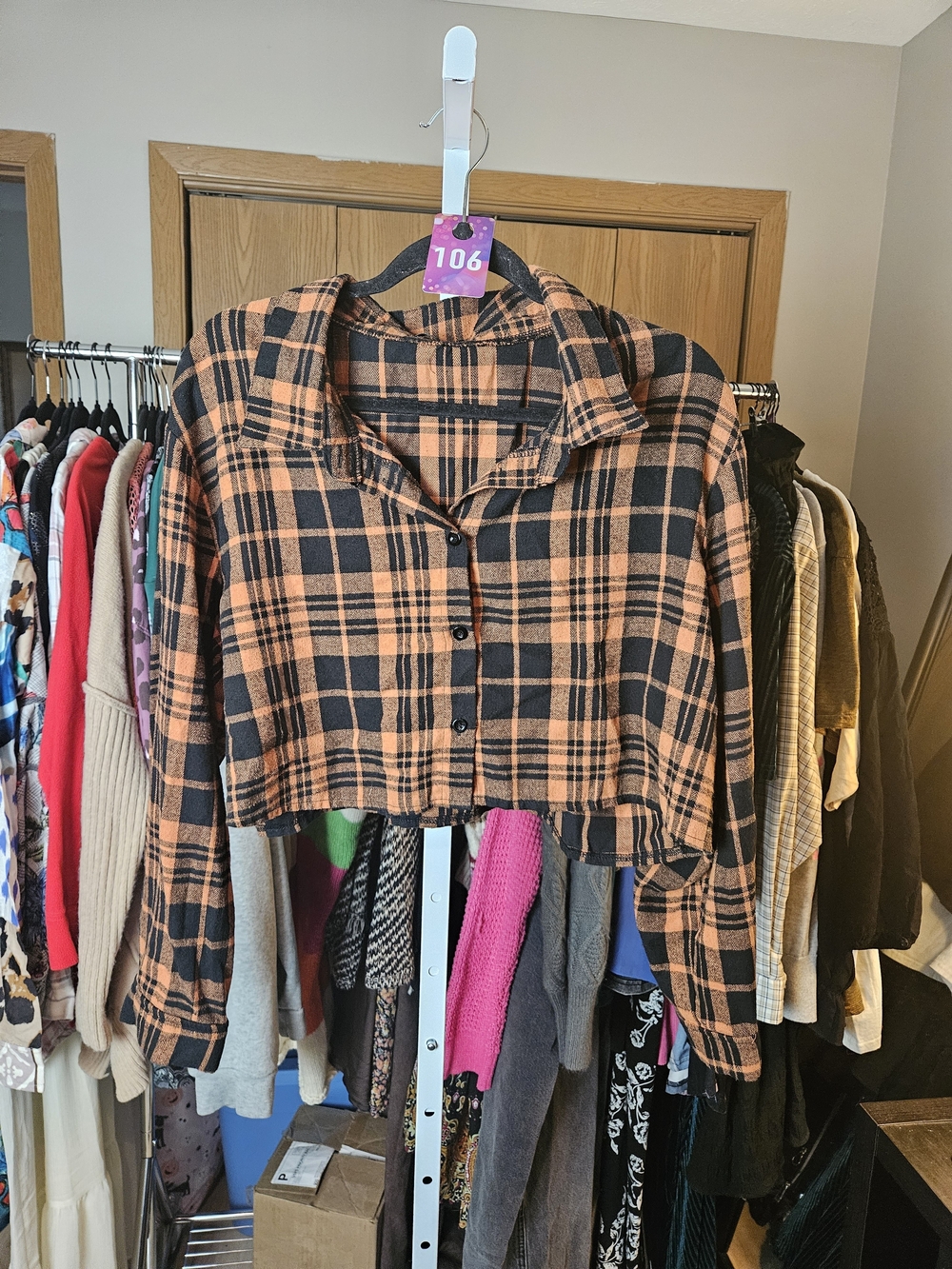 Cropped Plaid Button-Front Flannel in Black and Orange